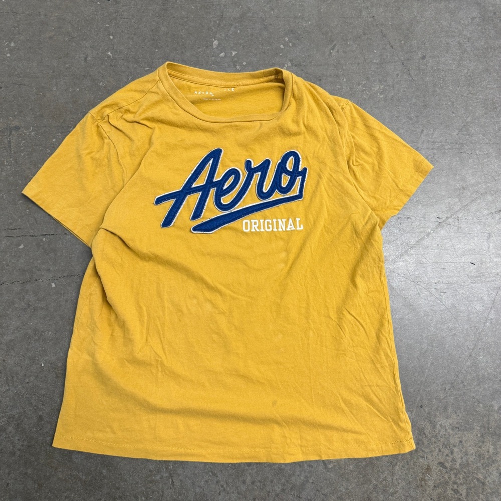 Aeropostale Mens Aero Original Graphic Tee Mustard Yellow Blue Logo Shirt Large